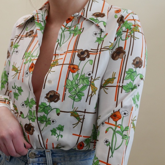 Vintage 70s Button Up Shirt Collared Bold Floral Print White + Green Pattern - Picture 2 of 7